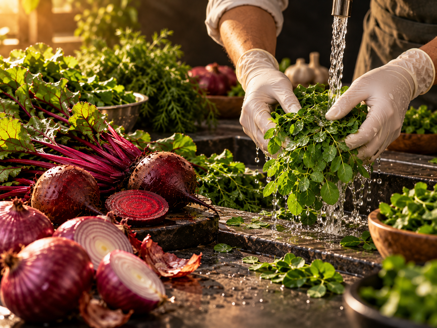 Fresh vegetables and leaves being rinsed and prepared on a work surface.