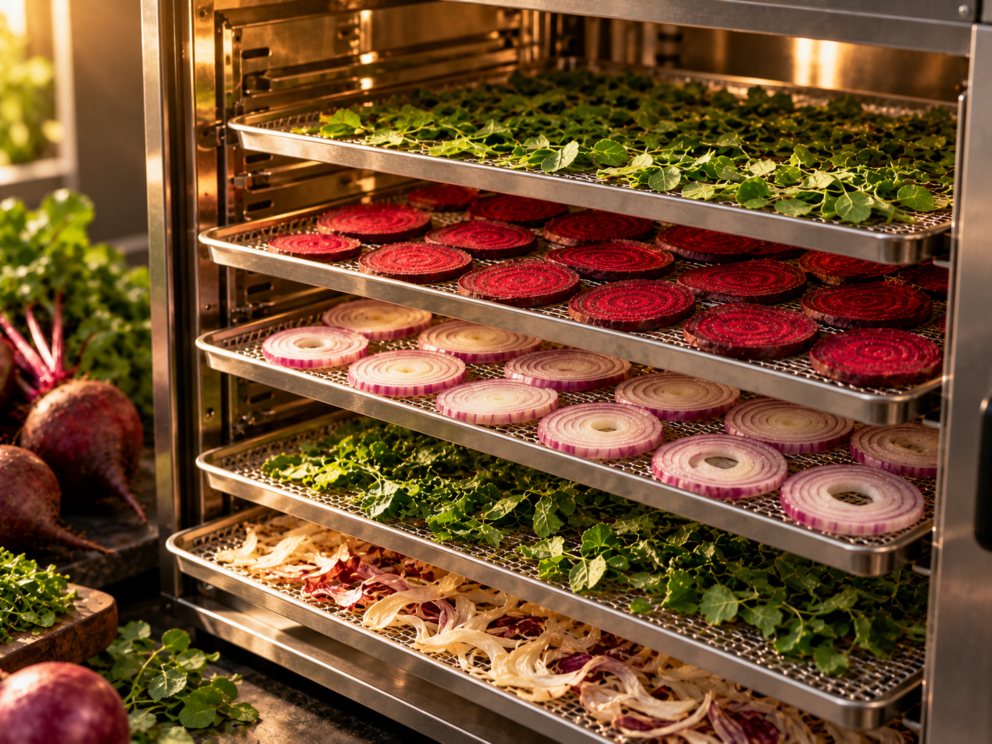 Vegetable slices arranged on trays inside a generic dehydration appliance.