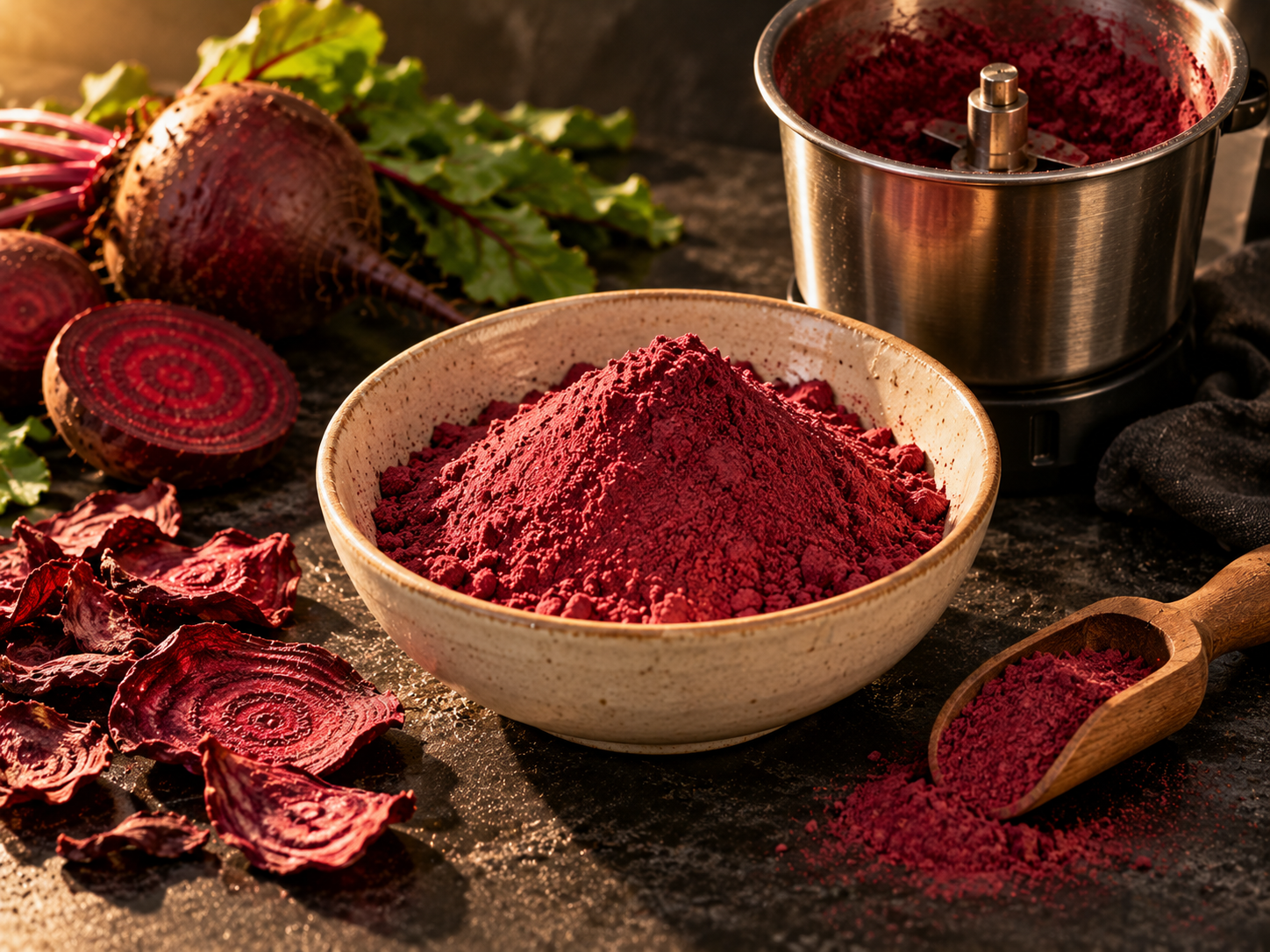 Fine vegetable powder in a ceramic bowl with dried ingredient pieces nearby.