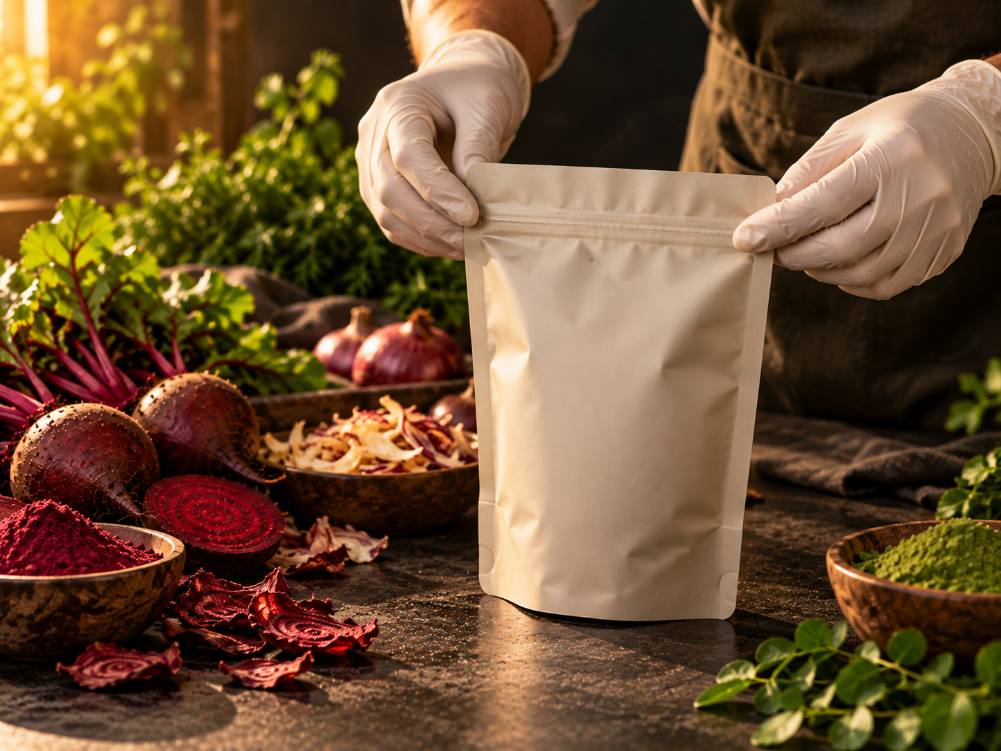 Gloved hands carefully handling a plain, unbranded food pouch.