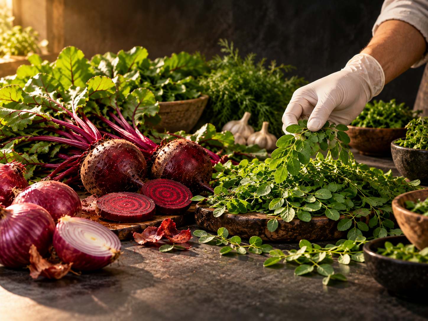 Fresh vegetables, herbs and leafy ingredients arranged for selection.